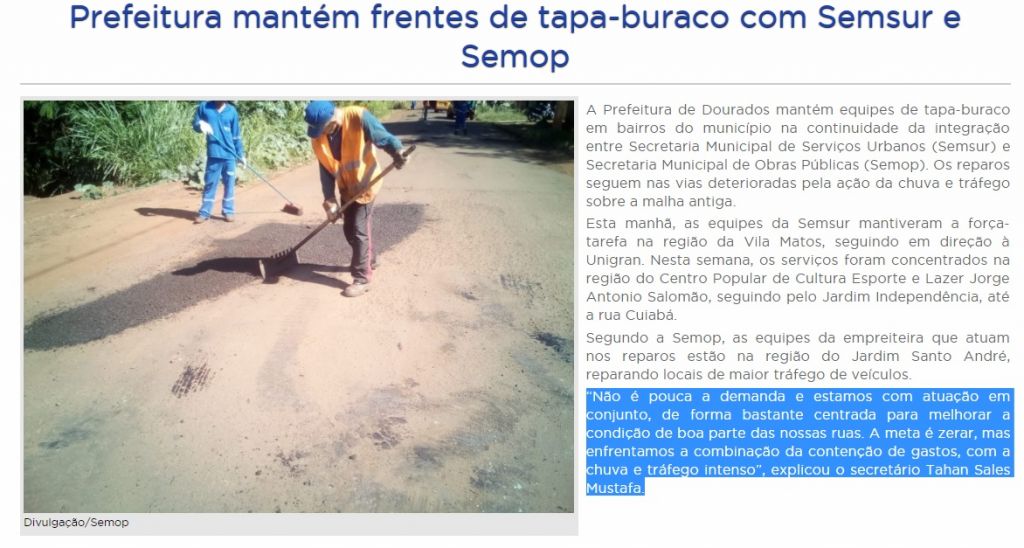 Matéria divulgada no site da prefeitura revela falas de secretário de Obras (Foto: Reprodução)