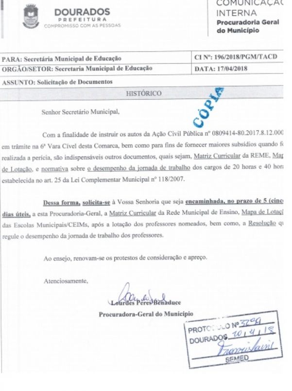 Comunicação interna enviada pela PGM à Secretaria de Educação não foi respondida no prazo (Foto: Reprodução)
