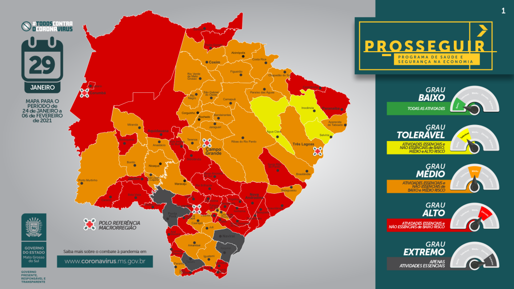 Mapa Situacional divulgado nesta semana apresenta três cidades na bandeira amarela, 35 na faixa laranja, 37 na bandeira vermelha e quatro na cinza