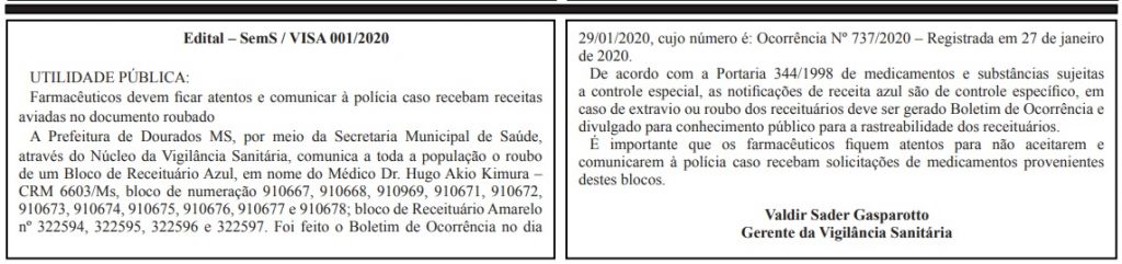 Edital com alerta da Vigilância Sanitária foi publicado no Diário Oficial do Município (Foto: Reprodução)