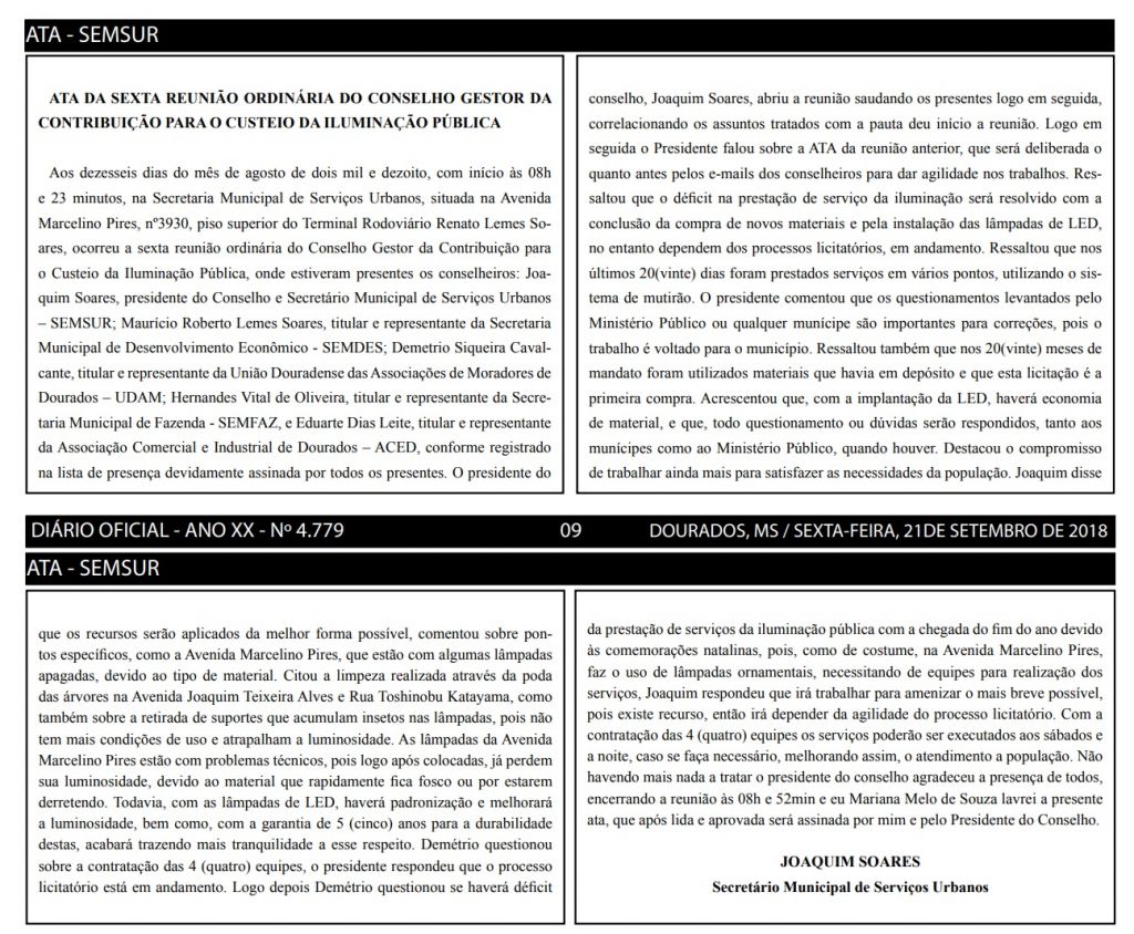 Ata do Conselho que fiscaliza aplicação da Cosip foi divulgada no Diário Oficial do Município (Foto: Reprodução)