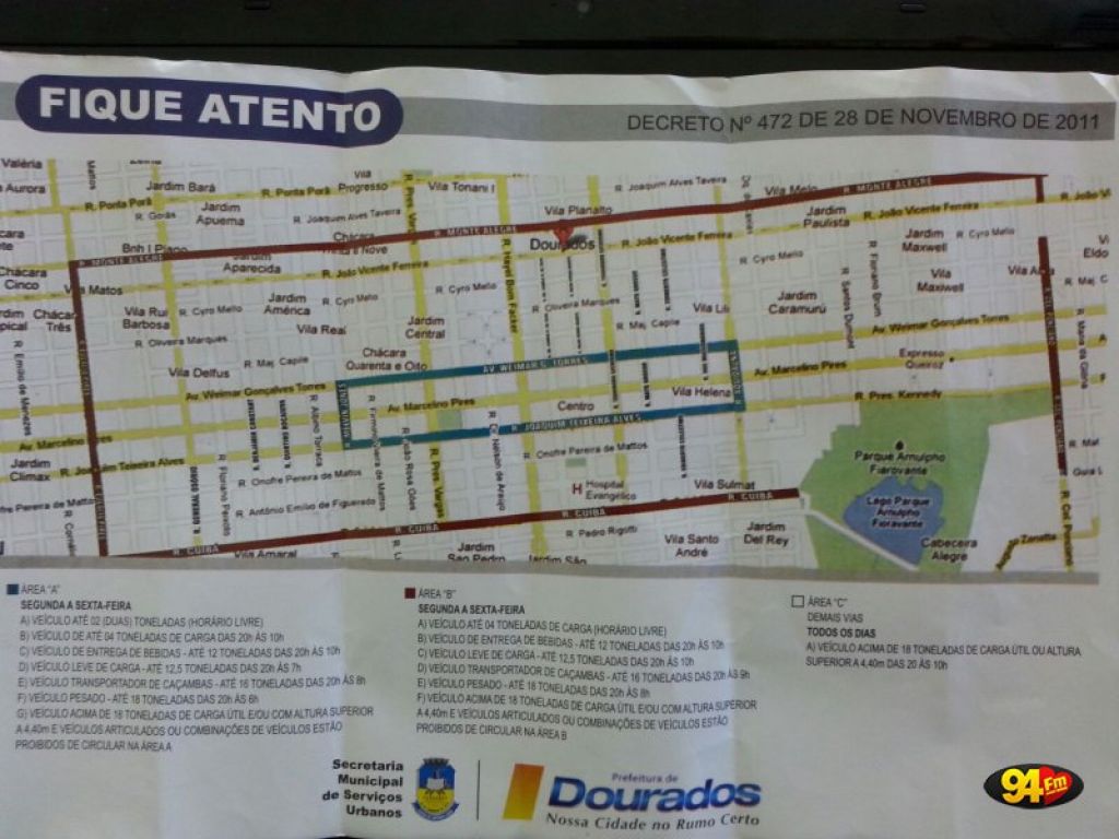 Decreto municipal estabelece regras para trânsito de carretas no centro de Dourados (Foto: Reprodução)