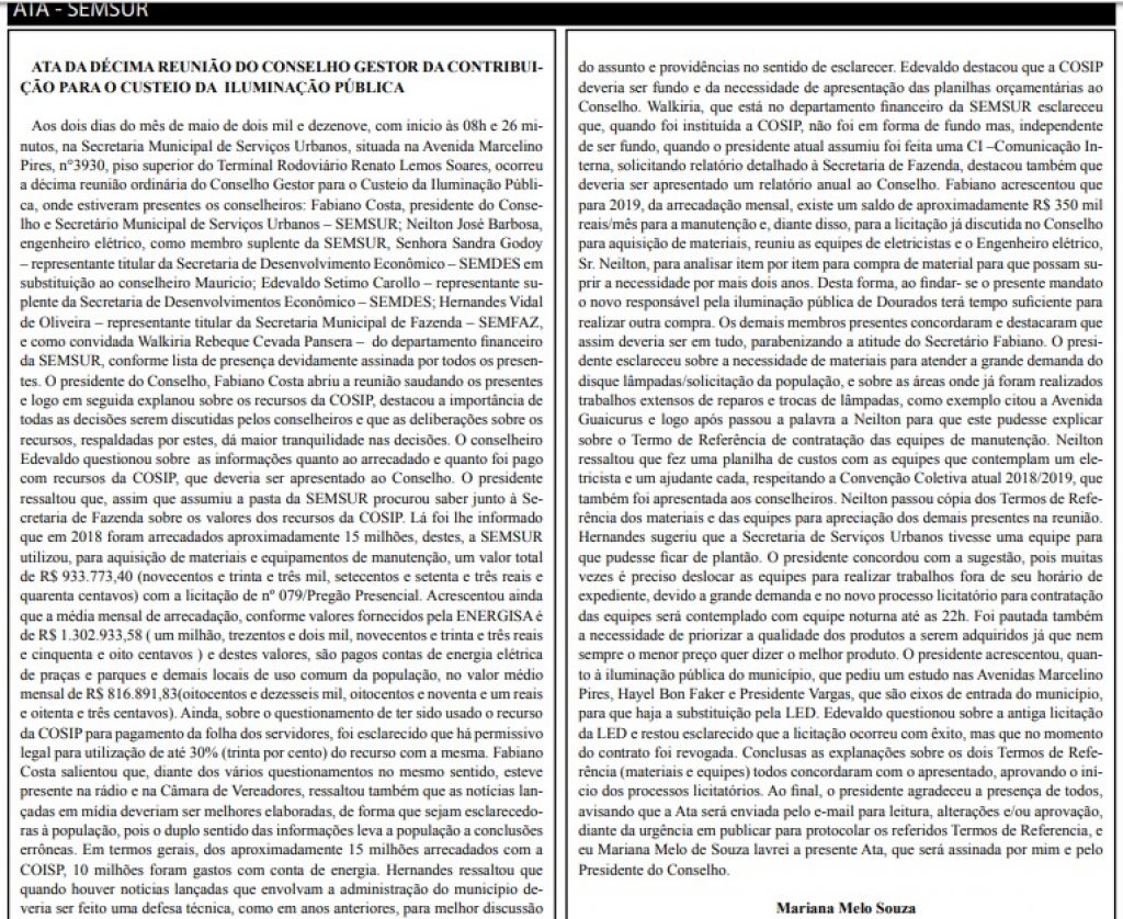 Informações prestadas pelo secretário municipal foram relatadas em ata de Conselho Gestor da Cosip (Foto: Reprodução)