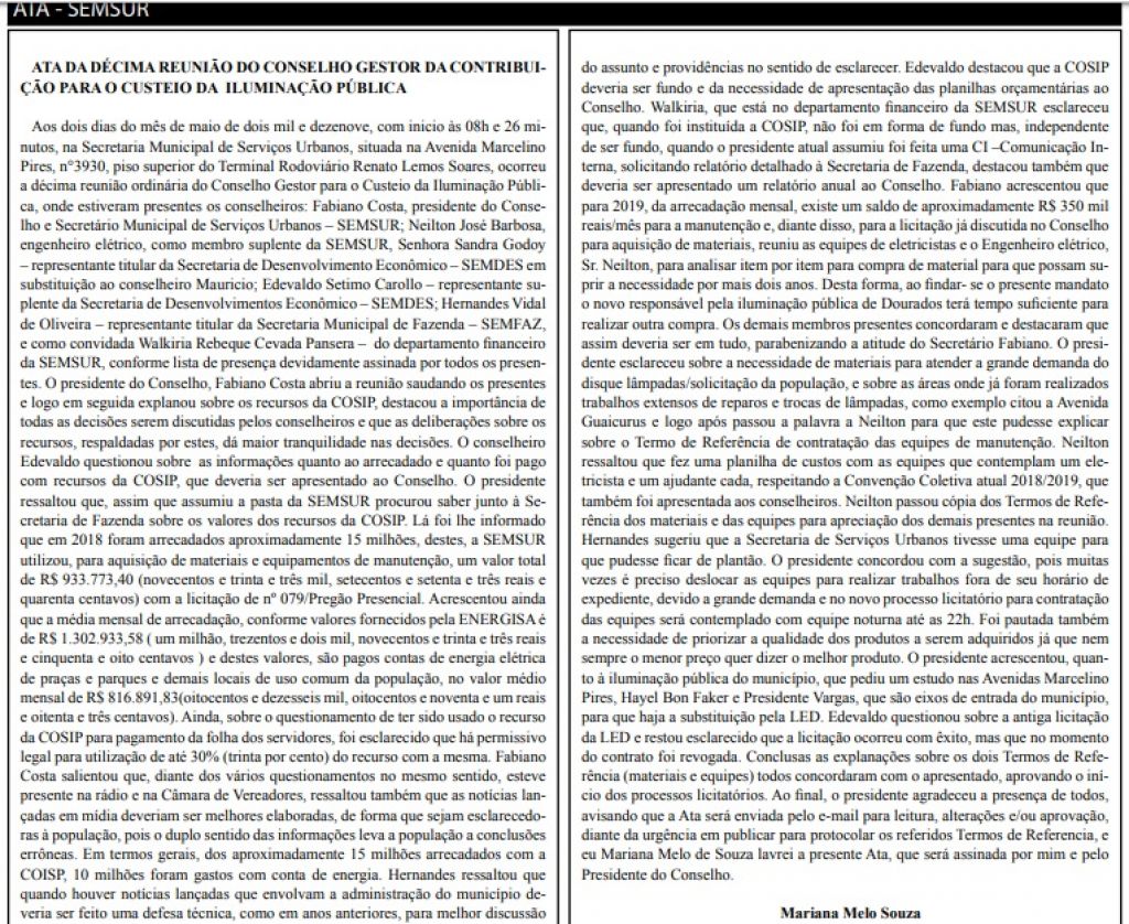 Informações prestadas pelo secretário municipal foram relatadas em ata de Conselho Gestor da Cosip (Foto: Reprodução)