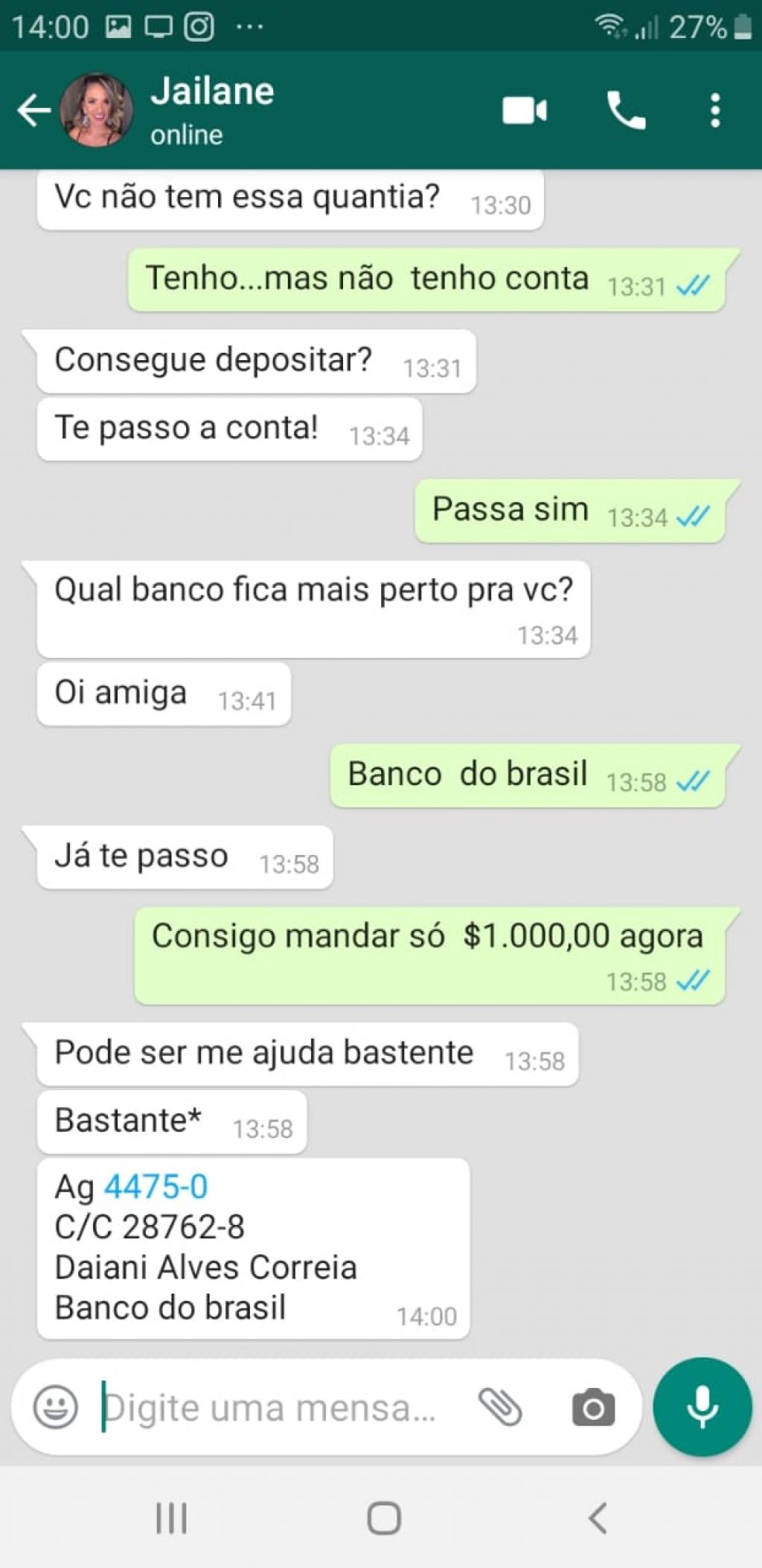 Conversa entre o golpista e a amiga da vítima - Foto: reprodução