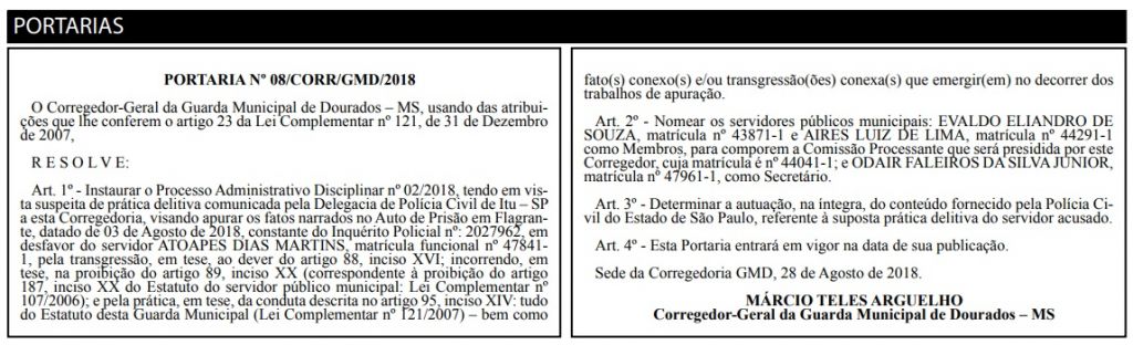 Processo Administrativo Disciplinar foi determinado pelo corregedor-geral da Guarda Municipal de Dourados (Foto: Reprodução)