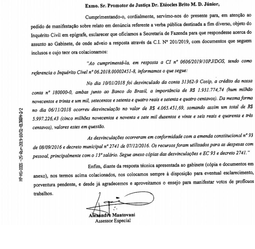 Ofício assinado por assessor especial da prefeita detalha uso de dinheiro da Cosip (Foto: Reprodução)