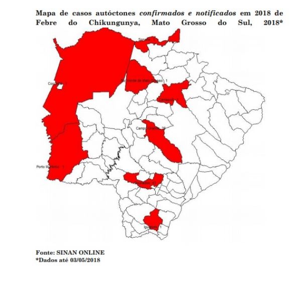 Mapa divulgado pela Secretaria de Estado de Saúde aponta 43 casos autóctones da doença em Dourados (Foto: Reprodução)