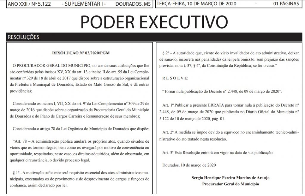 Resolução com errata que torna nulo decreto de intervenção foi publicado em edição suplementar do Diário Oficial do município (Foto: Reprodução)