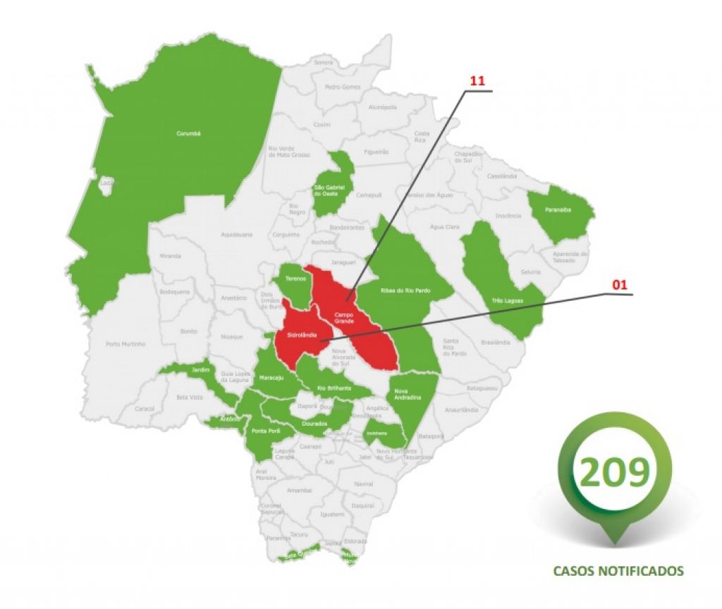 Mapa divulgado pela Secretaria de Estado de Saúde mostra em verde municípios com notificações e em vermelho onde casos foram confirmados (Foto: Reprodução)