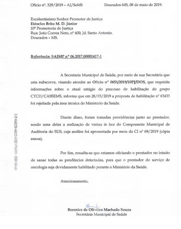 Ofício assinado pela secretária municipal de Saúde confirma que habilitação foi rejeitada pelo Ministério da Saúde (Foto: Reprodução)
