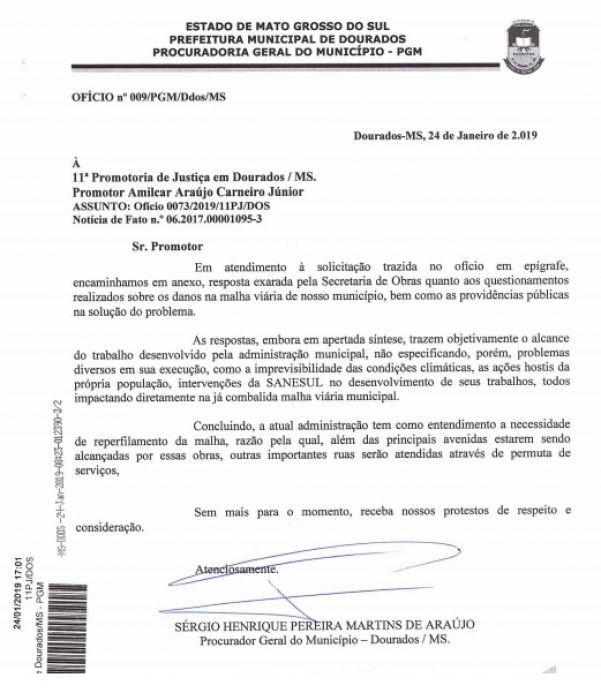 Afirmações constam em ofício enviado pelo procurador-geral do município ao MPE (Foto: Reprodução)