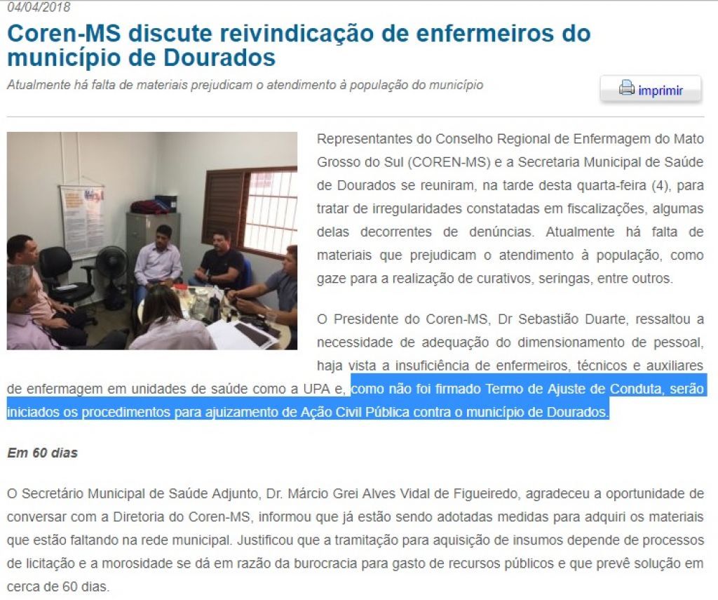 Matéria divulgada no site do Coren-MS aponta intenção da entidade de mover ação judicial contra município de Dourados (Foto: Reprodução)