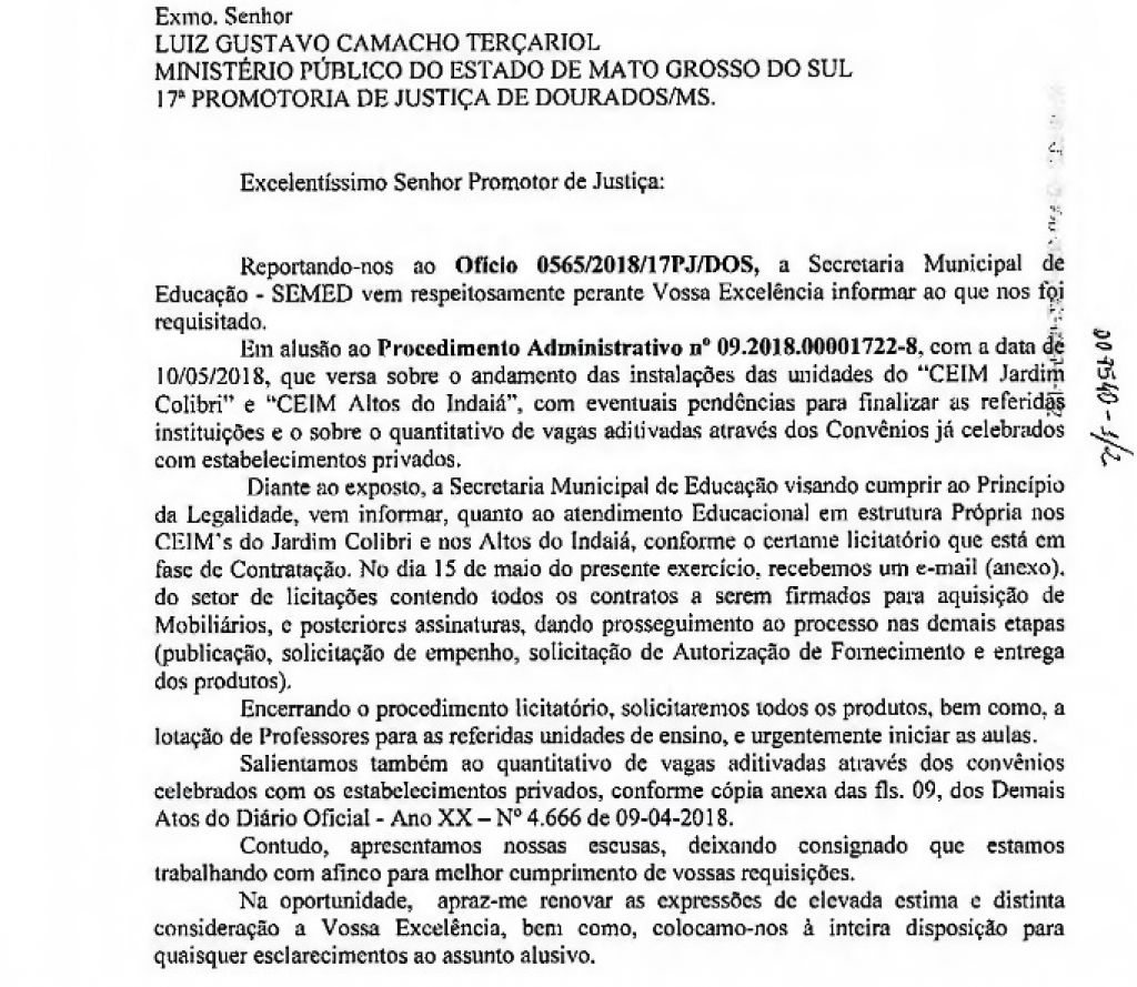 Ofício enviado pela Secretaria Municipal de Educação afirma que restam pendências para funcionamento de dois Ceims (Foto: Reprodução)
