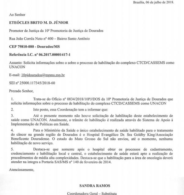 Ofício do Ministério da Saúde enviado ao MPE revela que CTCD/Cassems segue inabilitado (Foto: Reprodução)