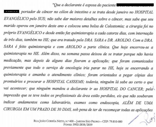 Relato da mulher de um paciente com câncer integra inquérito aberto pelo MPE 