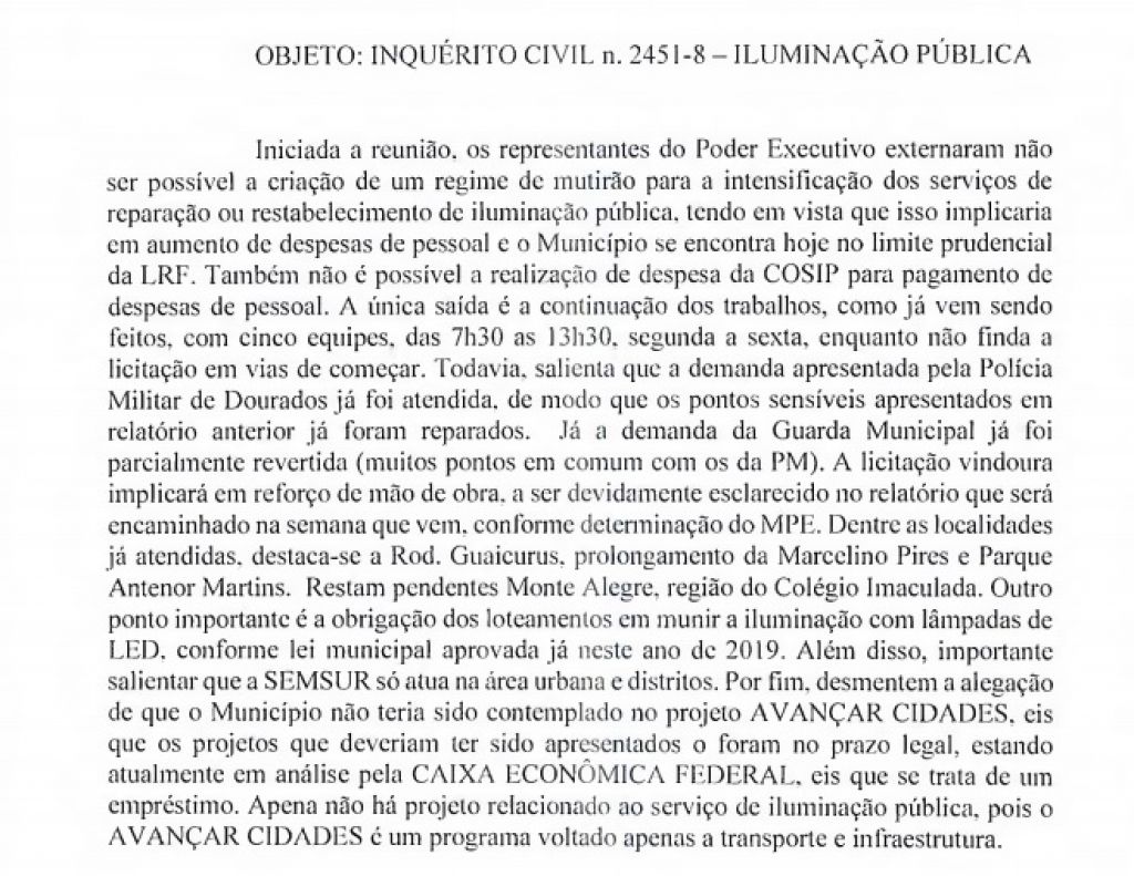 Ata de reunião no MPE revela que a Prefeitura de Dourados considera já ter resolvido parte do problema (Foto: Reprodução)