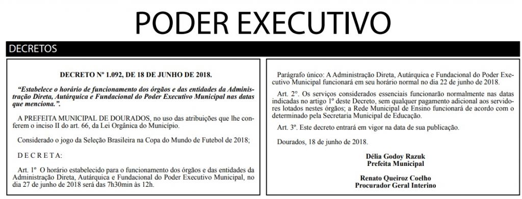 Decreto com alteração do horário de expediente foi publicado hoje no Diário Oficial (Foto: Reprodução)