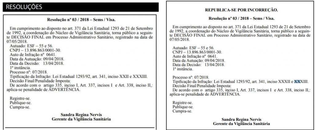 Resolução da Vigilância Sanitária publicada dia 7 (à esquerda) foi republicada por incorreção nesta quinta-feira (à direita)