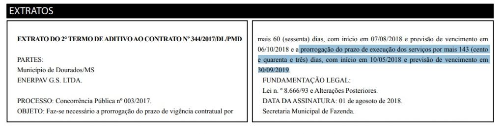 Extrato do segundo termo aditivo ao contrato detalha prorrogação dos serviços por 143 dias, prazo que acaba no final deste mês (Foto: Reprodução)