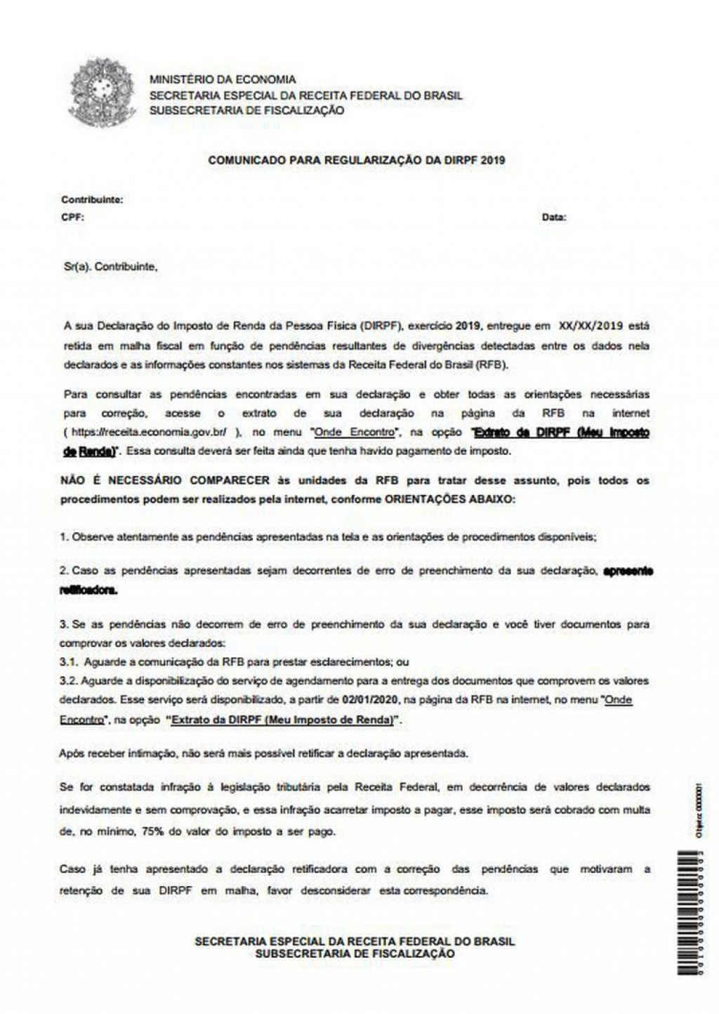 Modelo de carta enviada pela Receita Federal - Receita Federal