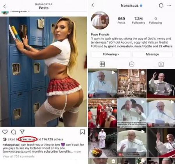 Suposta curtida que conta do Papa no Instagram deu em postagem sexy de modelo brasileira - Foto: Reprodução