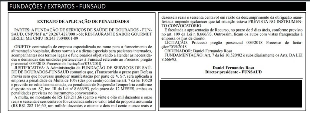 Extrato de Aplicação de Penalidade contra restaurante foi divulgado hoje pela Funsaud (Foto: Reprodução)