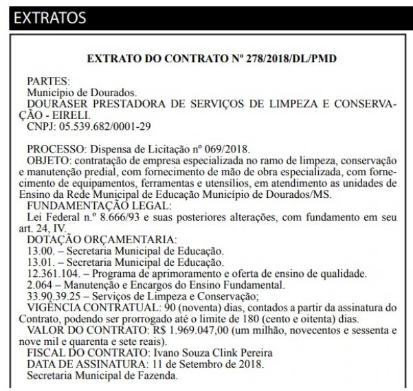 Extrato do contrato fruto de dispensa de licitação foi divulgado nesta sexta-feira (Foto: Reprodução)