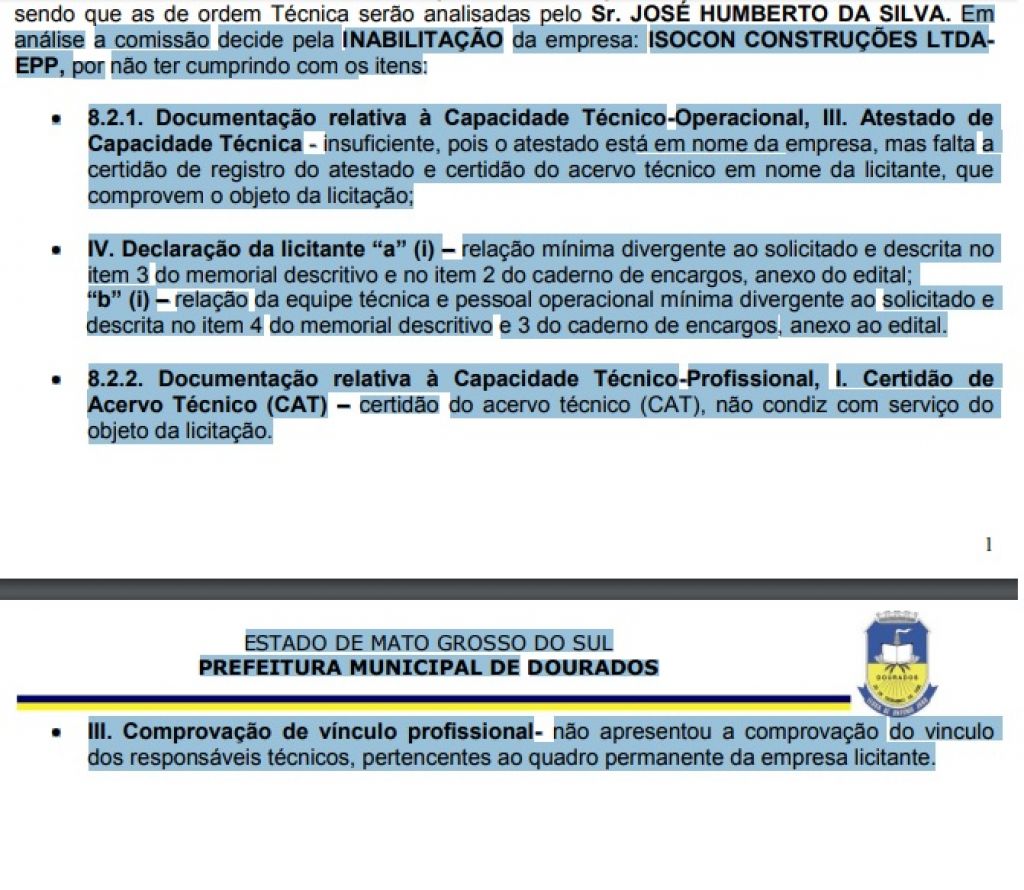 Ata da sessão da concorrência detalha motivo para empresa ter sido inabilitada a participar (Foto: Reprodução)