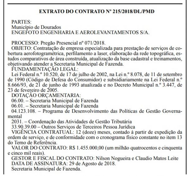 Extrato do contrato foi publicado na edição desta terça-feira do Diário Oficial do Município (Foto: Reprodução)