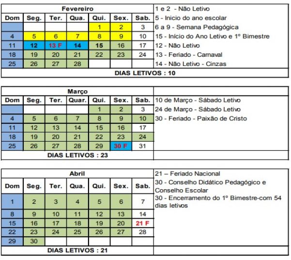 Calendário divulgado pela Secretaria Municipal de Educação indica 54 dias letivos no primeiro bimestre (Foto: Reprodução)