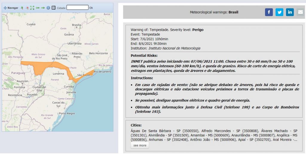 Aviso meteorológico divulgado pelo Inmet inclui Dourados entre municípios com alerta de perigo potencial para tempestade (Foto: Reprodução)
