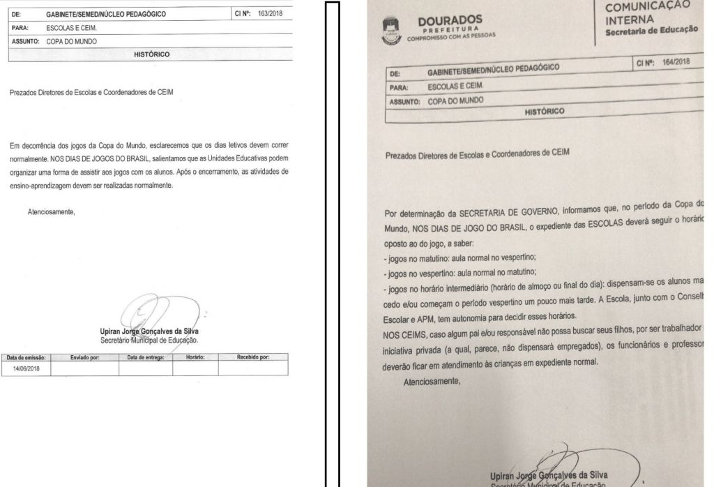 CI (à esquerda) com orientação para não dispensar alunos perdeu valor hoje, quando novo documento (à direita) foi expedido pelo secretário (Foto: 94FM)