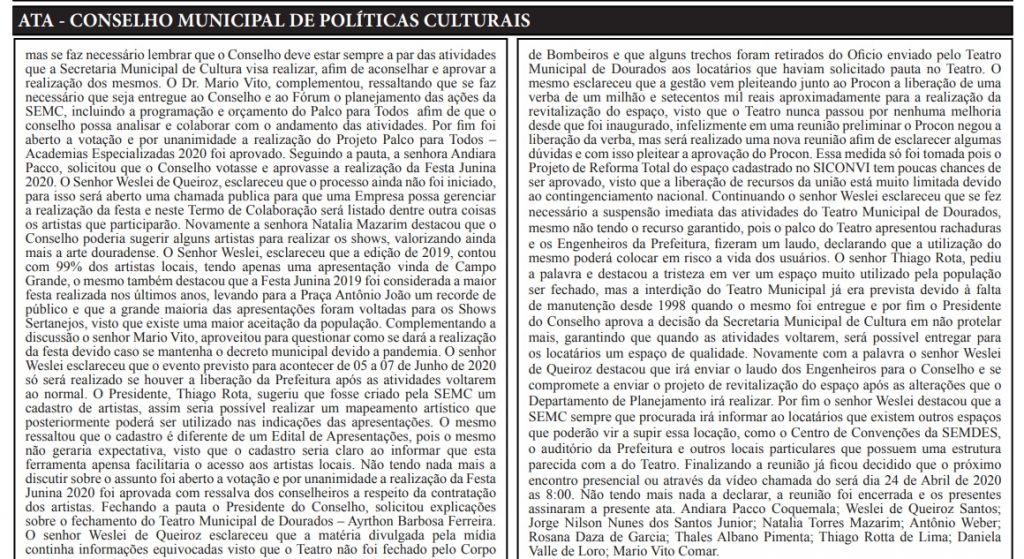 Trecho da ata publicada no Diário Oficial do Município detalha motivo para interdição do teatro