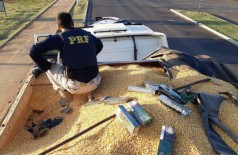 O cigarro contrabandeado estava escondido sob a carga de milho (Foto: Divulgação Polícia Rodoviária Federal)