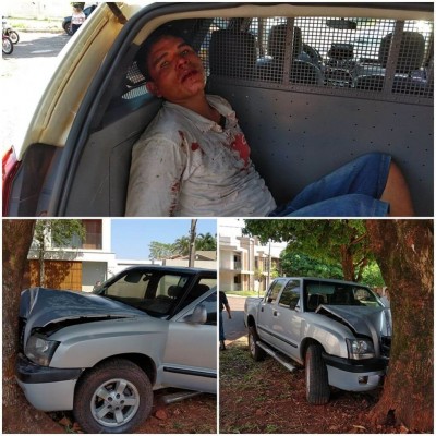 Em Dourados, foragido da Justiça bate caminhonete roubada contra árvore e acaba preso (Foto: Adilson Domingos)