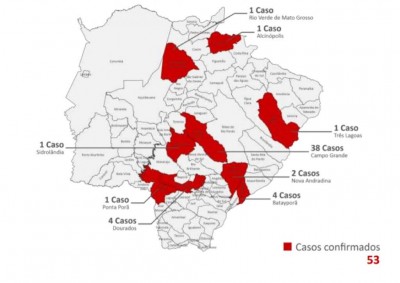 Mapa mostra casos confirmados de Covid-19 em MS - Foto: reprodução/Secretaria de Saúde de MS