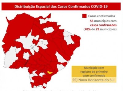 Mapa mostra casos confirmados de Covid-19 em MS - Foto: reprodução/Secretaria de Saúde de MS
