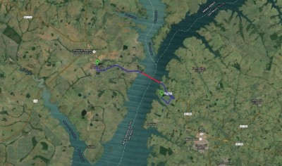Em vermelho, a ponte rodoferroviária, considerada a maior ponte fluvial brasileira (google maps)