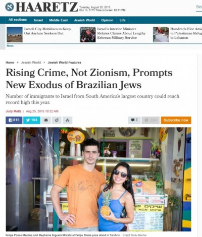 Reportagem do 'Haaretz' sobre aumento da migração de judeus brasileiros para Israel (Reprodução)