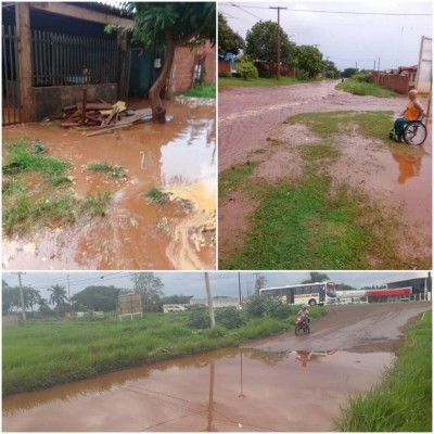 Alagamento nas ruas do Residencial Eucalipto e no bairro Estrela Jupi --- (Foto: reprodução-montagem/94FM)