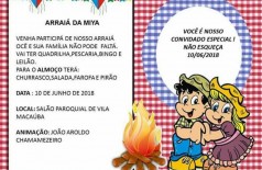 A festa será realizada no Salão Paroquial de Vila Macaúba, em frente à Escola Fazenda Miya