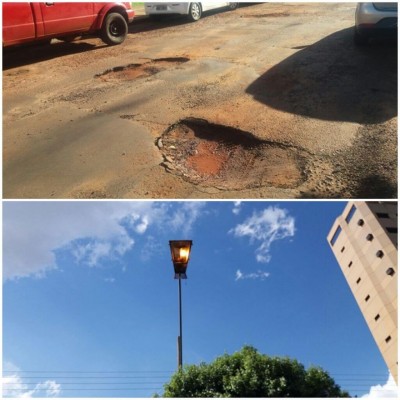 Rua esburacada e luz de poste ligada durante o dia (Fotos: Karol Chicoski/Arquivo)