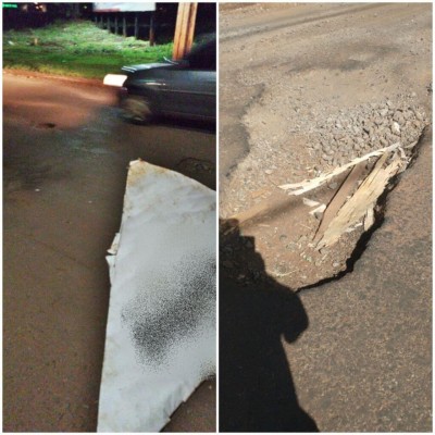 Placa de metal colocada em buraco no meio da rua (Foto: divulgação/94FM)