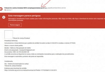 Confira na imagem um exemplo do e-mail falso (Foto: Reprodução/TJ-MS)