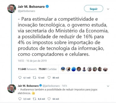 Bolsonaro diz que avalia reduzir para 4% imposto sobre produtos de TI (Foto: reprodução/Twitter-Bolsonaro)