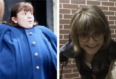 Denise Nickerson em cena de A Fantástica Fábrica de Chocolate (1971) e em foto mais recente (Foto: Reprodução)