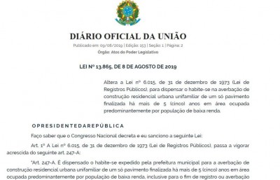 Publicada lei que dispensa “habite-se” para famílias de baixa renda (Foto: reprodução/DIÁRIO OFICIAL DA UNIÃO)