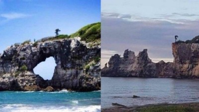 Punta Ventana antes e depois de terremoto em Porto Rico - Foto: Reprodução/Twitter