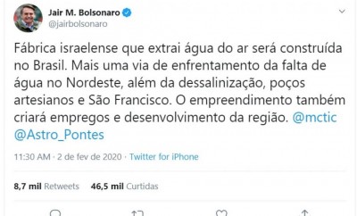 Bolsonaro anuncia fábrica “que extraí água do ar” (Foto: reprodução/Twitter-presidente Jair Bolsonaro )